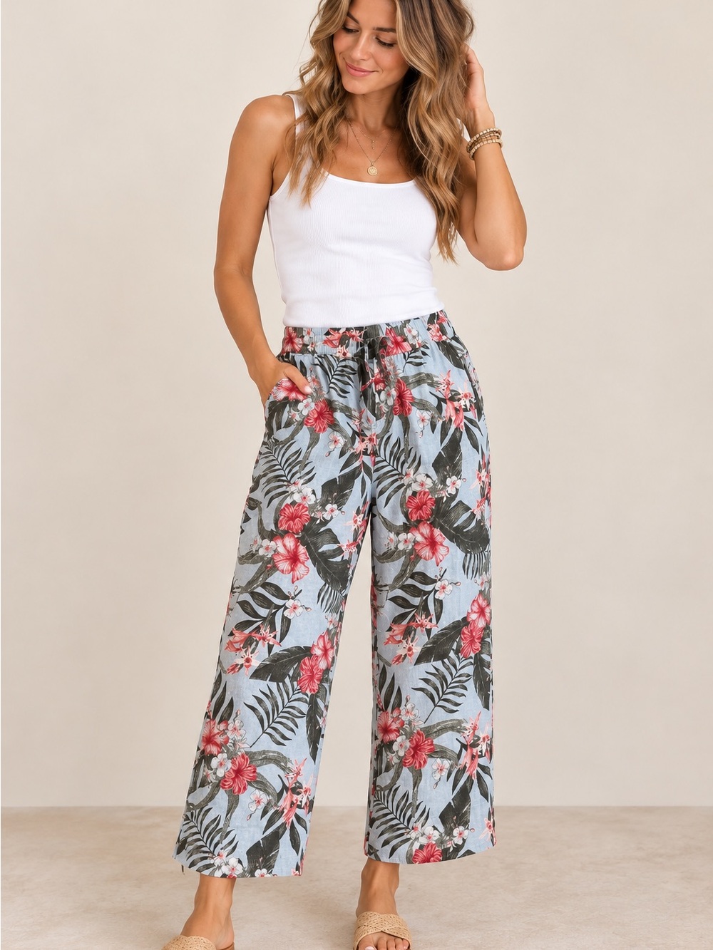 Naturals D&Co Linen Blend Tropical Floral Wide Leg Pants Size M